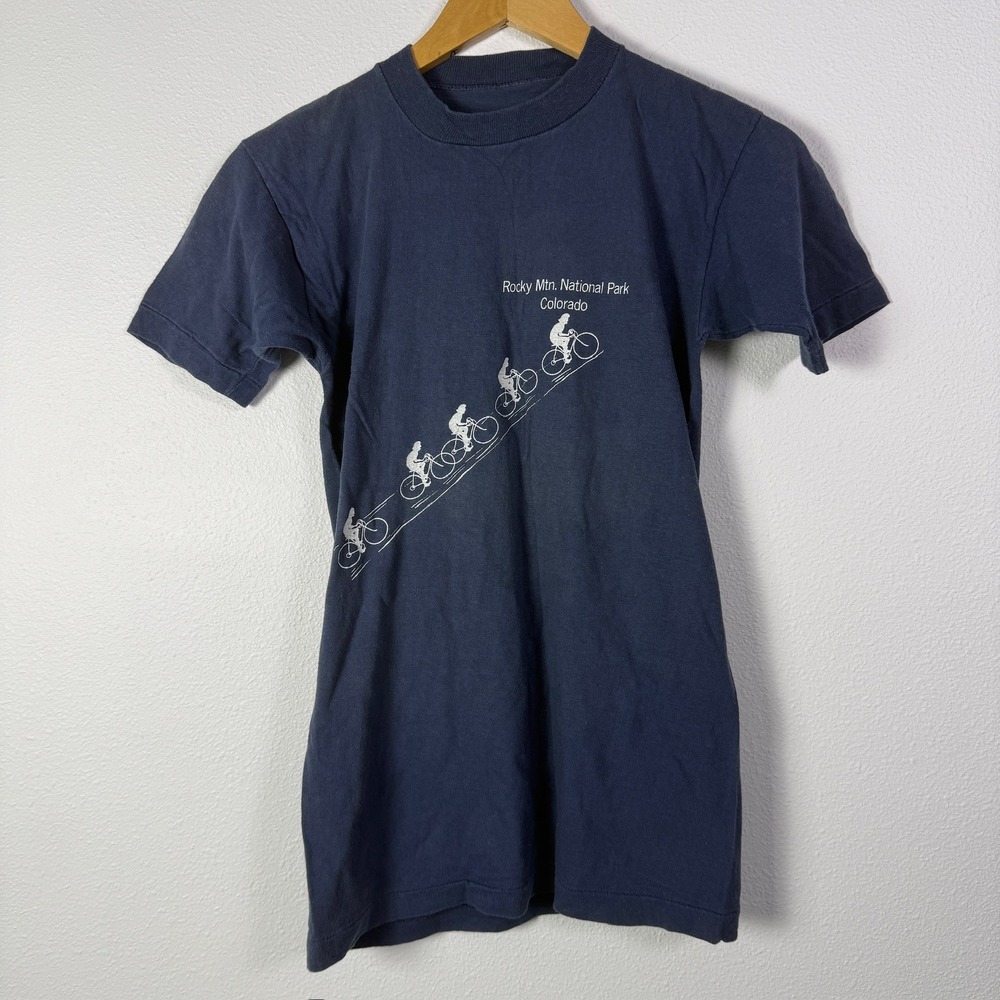 Vintage 90s T-Shirt Mens Small Navy Rocky Mountain National Park Biking Graphic